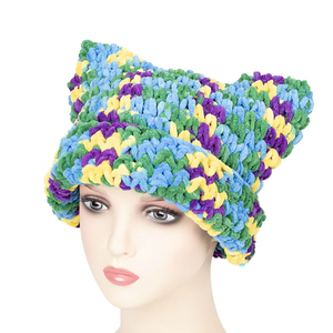 Mades hine Funky Boho Winter Warme Mütze Mehrfarbige Regenbogenst reifen Häkeln Katzen ohr Streetwear mit 3D-Stickerei - Product Image 6