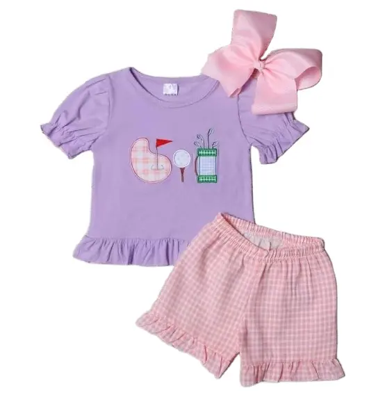 Ropa de verano para niña, diseño de top para niña con volantes morados, prendas aier para niña, pantalones a cuadros de encaje rosa, 2 uds.
