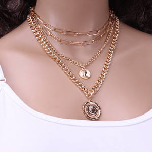 Collier à chaîne épaisse superposée en or avec pendentif pièce de monnaie pour femme, bijoux tendance - Product Image 1