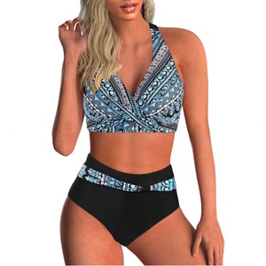 ชุดบิกินี่ผู้หญิงแบบ 2 ชิ้น ลายพิมพ์ Paisley คอวี ขาสูง แห้งเร็วและเป็นมิตรกับสิ่งแวดล้อม - Product Image 1