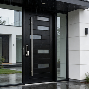 ประตูภายนอกดีไซน์หรูสไตล์อิตาลี พร้อมกระจกสองชั้นเพื่อความปลอดภัย ประตูบานเดี่ยวแบบหมุน ประตูทางเข้าทันสมัย ทำจากไม้และอะลูมิเนียม - Product Image 3