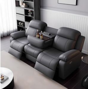 Sofá de Cuero Reclinable de Diseño Moderno y Lujoso con Portavasos, Conjunto de Asientos para Sala de Cine, Sala de Estar, Madera, Dos Plazas, con Masaje - Product Image 4