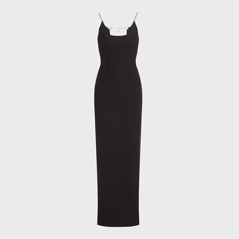 अच्छी बिक्री पॉलिएस्टर कटआउट श्रृंखला-पट्टा क्रेप आधुनिक पजामा स्कूप Neckline जांघ-उच्च पक्ष भट्ठा शाम पोशाक