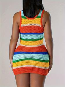 <span class=keywords><strong>Robe</strong></span> <span class=keywords><strong>moulante</strong></span> d'été pour femmes sans manches col rond arc-en-ciel rayé gilet tricoté taille naturelle Style décontracté Simple pour <span class=keywords><strong>Amazon</strong></span> - Product Image 4