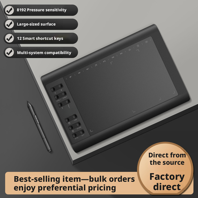 Drawing Graphics Tablet Battery-Free Stylus 8192 Pressure Levels 12 Hot Keys Compatible Phones Computers for Digital Art Online