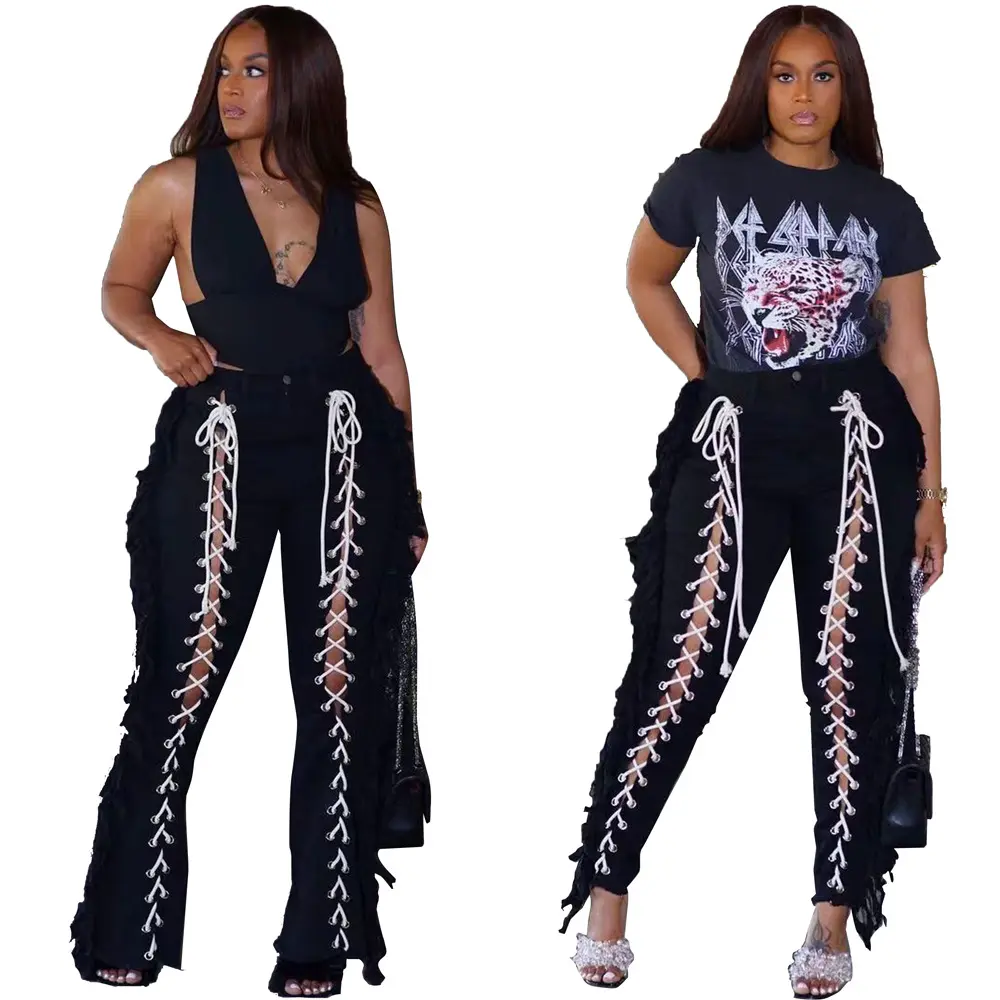 2022 New Fashion Y2K Black Punk Sexy Women'S Pants Cross Lace Up Hollow Out Corset Pants Fringe Flare Pants Mujer
