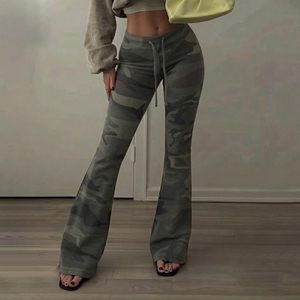 Womens Summer Loose Camo Flare Pants with <b>Drawstring</b> Waist High Waist Stretchy Bootcut <b>Trousers</b> Y2K Streetwear Casual Bottoms - Product Image 3