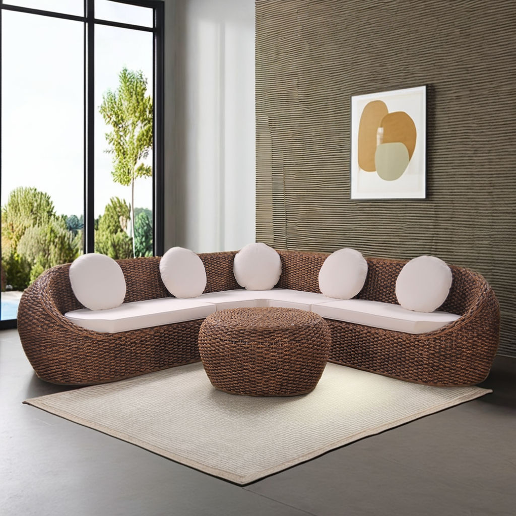 Round Living Set of Rattan and Mahogany Wood Frame Sofa and Table