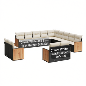 Conjunto de Sofás de Jardín de Ratán Blanco Crema y Negro con Estructura de Madera de Teca, Muebles de Exterior para 10 Personas, Diseño Contemporáneo, Resistente a la Intemperie - Product Image 1