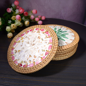 Handmade <b>Round</b> Seashell Coasters With Flower Pattern Bohemian Style Heat Insulating <b>Mats</b> For <b>Table</b> Decor 16cm 18cm 20cm - Product Image 2