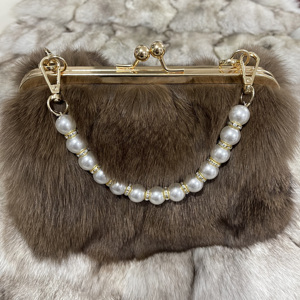 Elegante <span class=keywords><strong>Borsa</strong></span> Clutch in Vera Pelliccia di Volpe <span class=keywords><strong>con</strong></span> Manico in Perle, Lussuosa Pochette da Sera - Product Image 2
