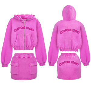 Ensembles décontractés pour femmes : jupe courte et sweat à capuche, 100 % coton, personnalisables avec fermeture éclair et multiples poches, style streetwear, lettres de logo personnalisées, OEM - Product Image 1