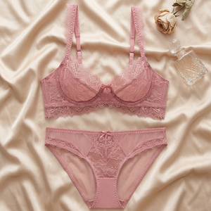 Conjunto de lencería romántico de encaje rosa con aros y tirantes ajustables para mujer, tallas grandes, con bragas de cintura media tipo bikini. - Product Image 2
