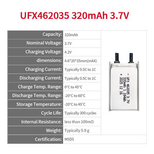 แบตเตอรี่ลิเธียมโพลิเมอร์แบบบาง OEM Small UFX 462035 320mAh 3.7V แบตเตอรี่ลิเธียมโพลิเมอร์แบบซอง พร้อม MSDS ขายดี ODM - Product Image 2