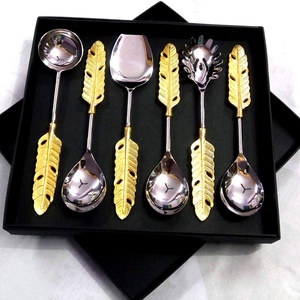 Serving <b>Utensils</b> <b>Set</b> Silver Mirror Polished with Gold Leaf Handle in a Gift Box Stainless Steel Serving <b>Utensil</b> <b>Set</b> Top Seller - Product Image 2
