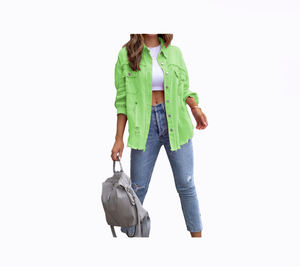 2023 nuevo estilo de longitud media Ragged Hole Denim Coat <span class=keywords><strong>mujer</strong></span> otoño manga larga Casual Polo Top - Product Image 3