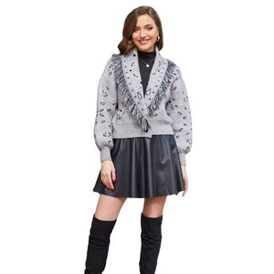 Cárdigan corto blanco informal Jacquard bohemio ajustado de manga larga con solapa de moda nueva primavera - Product Image 1