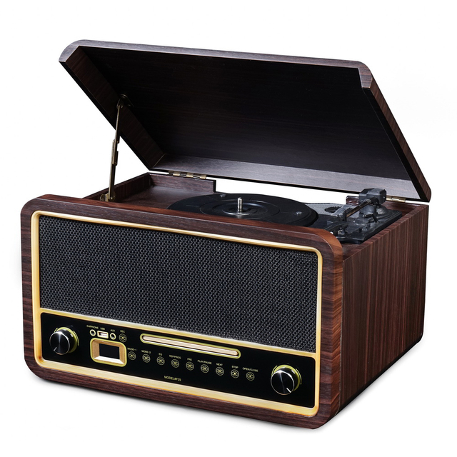 Record Player Vintage 3-Speed Wireless Gramophone Player Cassette Recorder FM Radio Vinyl Turntable Player