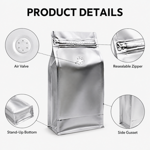 Sachet à fond plat pour grains de café sans valve, fermeture éclair, emballage en aluminium avec logo personnalisé, 250g 500g <span class=keywords><strong>1kg</strong></span>, vente en gros, fourniture OEM - Product Image 5