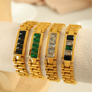 Pulsera de acero inoxidable dorado con piedras esmeralda, negras y transparentes, diseño geométrico, regalo de joyería unisex - Product Image 1