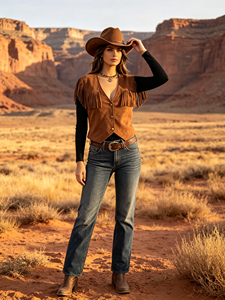Women <b>Fringe</b> Vest V‑Neck Button Front Sleeveless Western Cowgirl <b>Waistcoat</b> - Product Image 2