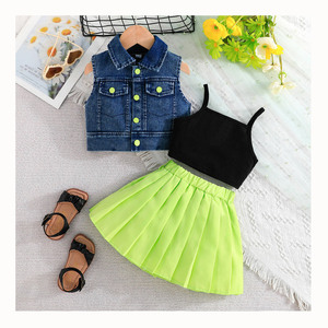 ชุดเสื้อผ้าเด็กผู้หญิง 2-7 ขวบ สีลูกกวาด กระดุมยีนส์ สายเดี่ยว กระโปรงจีบ พร้อมเข็มขัด ชุด 4 ชิ้น - Product Image 1