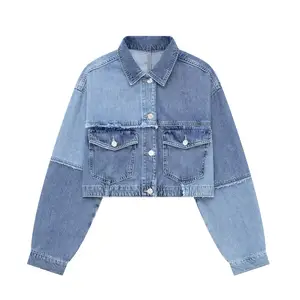 New Design XS Fall Winter 2023 Wash Blue Denim Jacket Coat Women Long Sleeve Button Pocket Patchwork Jean Jackets With Raw Edge