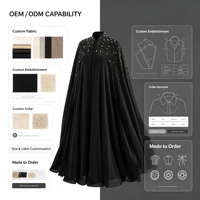 Robe longue musulmane noire pour femme, style abaya, col montant, ornée de perles et de strass aux épaules, en mousseline fluide, pour soirée, en polyester