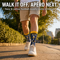 Chaussettes personnalisées pour hommes, motif bière et texte français, bleu marine et jaune, chaussettes hautes amusantes, cadeau pour les amateurs de football, chaussettes pour soirées apéritif
