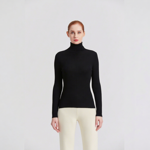 Pull à col roulé pour femme, tricot côtelé, manches longues, minimaliste, noir uni, pull d'hiver - Product Image 1