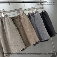 Celana Pendek Katun Sobek Model Retro Custom Logo LowMOQ, Merek Fashion Pria, Musim Panas 2025 Terbaru, 400g Berat Bahan Tinggi, Cetak Sedang, Tali Serut