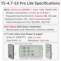 LILYGO T5 E-Paper S3 Pro Lite ESP32-S3 Papan Pengembangan E-Paper 4.7-inci 16 Skala Abu-abu Kaca AG Pengisian Daya Nirkabel Magnetik