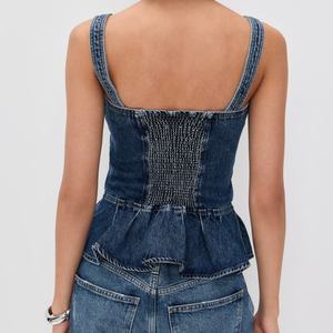 2025 Haut en jean personnalisé pour femme, style vintage, sans bretelles, à volants, coupe ample et ajustée, avec smockage, élégant, pour femmes - Product Image 4