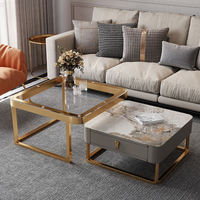 Ensemble de tables basses gigognes carrées de luxe moderne, 2 pièces, plateau en pierre frittée effet marbre, structure en métal doré avec tiroir pour salon