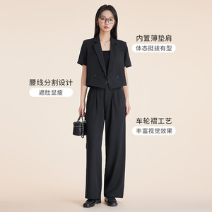 Navy Blue Short Blazer Women Summer Lightweight Breathable Solid Color Polyester Suit Set 2025 New Professional Style - Product Image 5