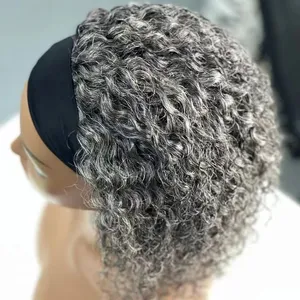 Wig keriting abu-abu garam dan merica bando rambut manusia Wig pendek keriting mesin penuh dibuat Wig rambut manusia dengan ikat kepala