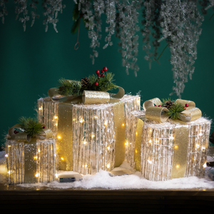 Wholesale Set of 3 Lighted <b>Christmas</b> Gift <b>Boxes</b> Flocked Metal Decorative Presents for <b>Christmas</b> <b>Tree</b> Ornaments - Product Image 3