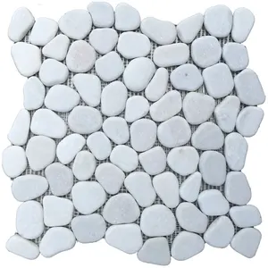Sliced white cut river polished pebble tile stone floor and bath mat