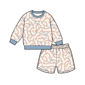 Conjunto de dos piezas con estampado de béisbol para niños, top de manga larga y pantalones cortos a la moda para niños pequeños - Product Image 4
