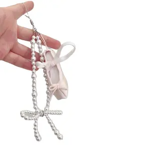 New Ballet Shoes Bow Knot Beads Mobile Phone Chain Key Chain for Women Sweet Charm Aesthetics Fashion Pendant Accessories Gift