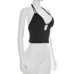 Viviblook C26TP070 Débardeur Crop Top Femme Printemps-Été à Bretelles, Dos Nu, Rivets, Couleur Unie - Product Image 2