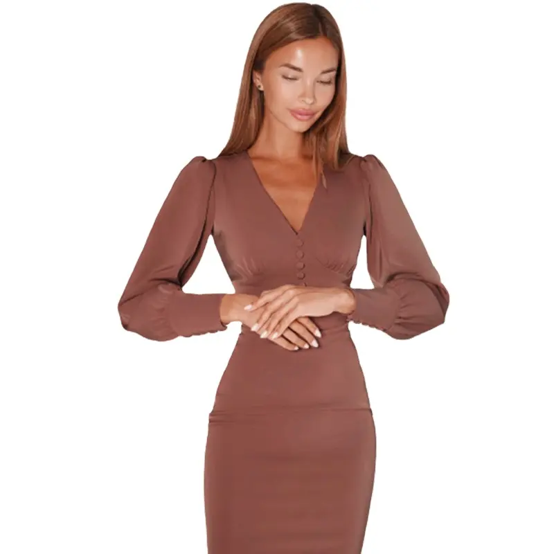 mandy new besign Best Selling Casual lady Elegant Vintage Clothing Long Sleeve Brown Women Dresses