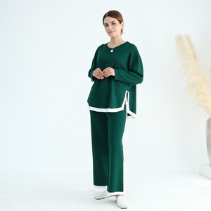 Invierno tejido musulmán mujeres suéter largo Tops pantalones conjuntos <span class=keywords><strong>de</strong></span> dos piezas trajes cálidos Dubai Turquía chándal Abaya ropa islámica - Product Image 3