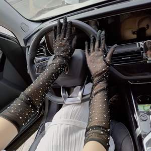 Gants longs extensibles en résille avec strass pour femmes, gants en maille ultra-mince avec doigt complet, mitaines de costume de fête exotiques. - Product Image 3