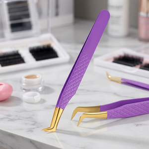 Purple Gold-Plated <b>Eyelash</b> Tweezers Set Curved Straight Precision Lash Isolation <b>Applicator</b> Beauty Tools - Product Image 2