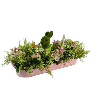 Senamsine Spring Plants Mixed Artificial Flowers Greenery Bunny Rabbit Easter Decorations With Basin Desk Office Home Decor