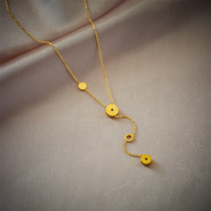 Simple Gold Circle Tassel Rhinestone Chain Necklace Geometric Bezel Setting Clavicle Jewelry - Product Image 2