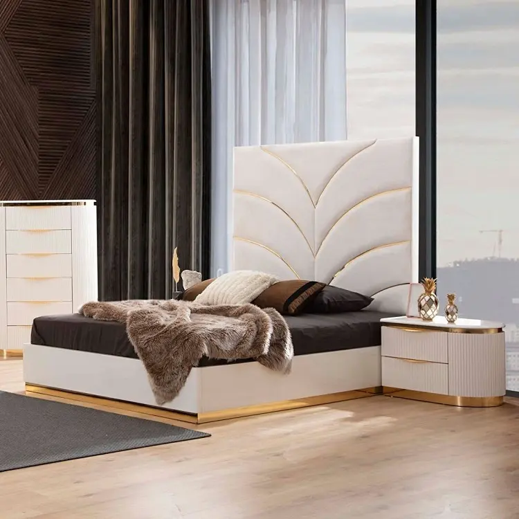 NOVA Big Headboard Modern Double Bed Genuine Leather Beds Frame Modern Italian Leather Luxury Double King Size Bed