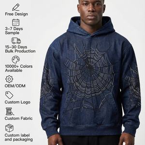 هودي مزين بالأحجار الكريمة مع تطريز، ملابس الشارع، هودي بنمط العنكبوت، هودي بأسلوب الدنيم للرجال والجنسين - Product Image 1