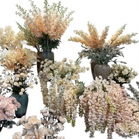 [ Bahan Bunga] Hydrangea Buatan, Mawar, Daisy, Larkspur, Daun Sutra Plastik, Rumput Lumut Gantung, Dekorasi Tempat Pernikahan